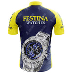 The back view of the FESTINA Retro Cycling Jersey draws inspiration from the Tour De France, featuring a yellow collar and sleeves. FESTINA WATCHES is displayed on a blue background with a prominent large silver wristwatch with a blue face on the lower back.
