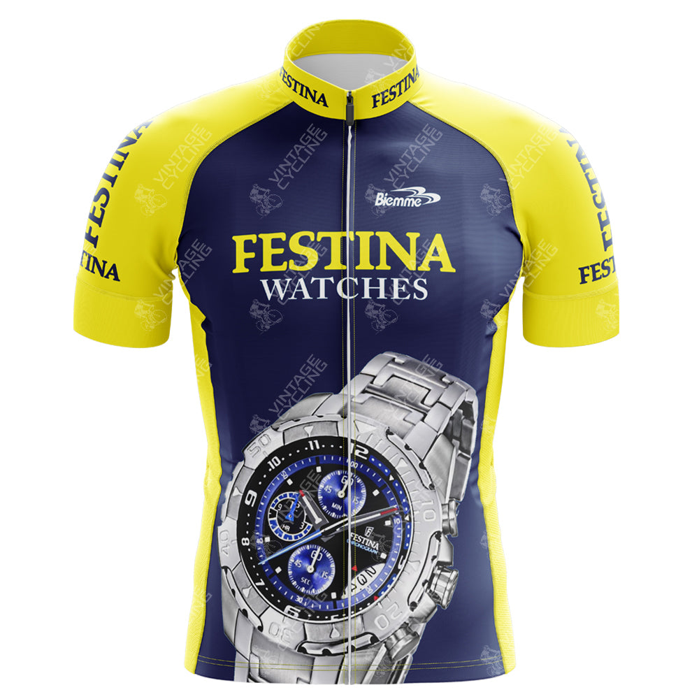 The FESTINA Retro Cycling Jersey (Copy), inspired by the Tour De France, showcases Festina Watches branding with a dark blue design, vibrant yellow sleeves, and side panels. A bold wristwatch image on the front embodies speed and precision.