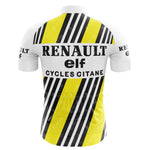 The Renault Elf Gitane Retro Cycling Jersey Set features a retro back design with black diagonal stripes on a white and yellow backdrop, displaying RENAULT, Elf, and CYCLES GITANE, echoing classic Tour de France style.