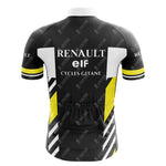 The Renault Elf Mens Retro Black Cycling Jersey 1981 features a rear view with logos Renault, Elf, and Cycles Gitane on black, white, and yellow geometric patterns. It includes horizontal sleeve stripes and a full-length front zipper, crafted for a casual fit in lightweight polyester.