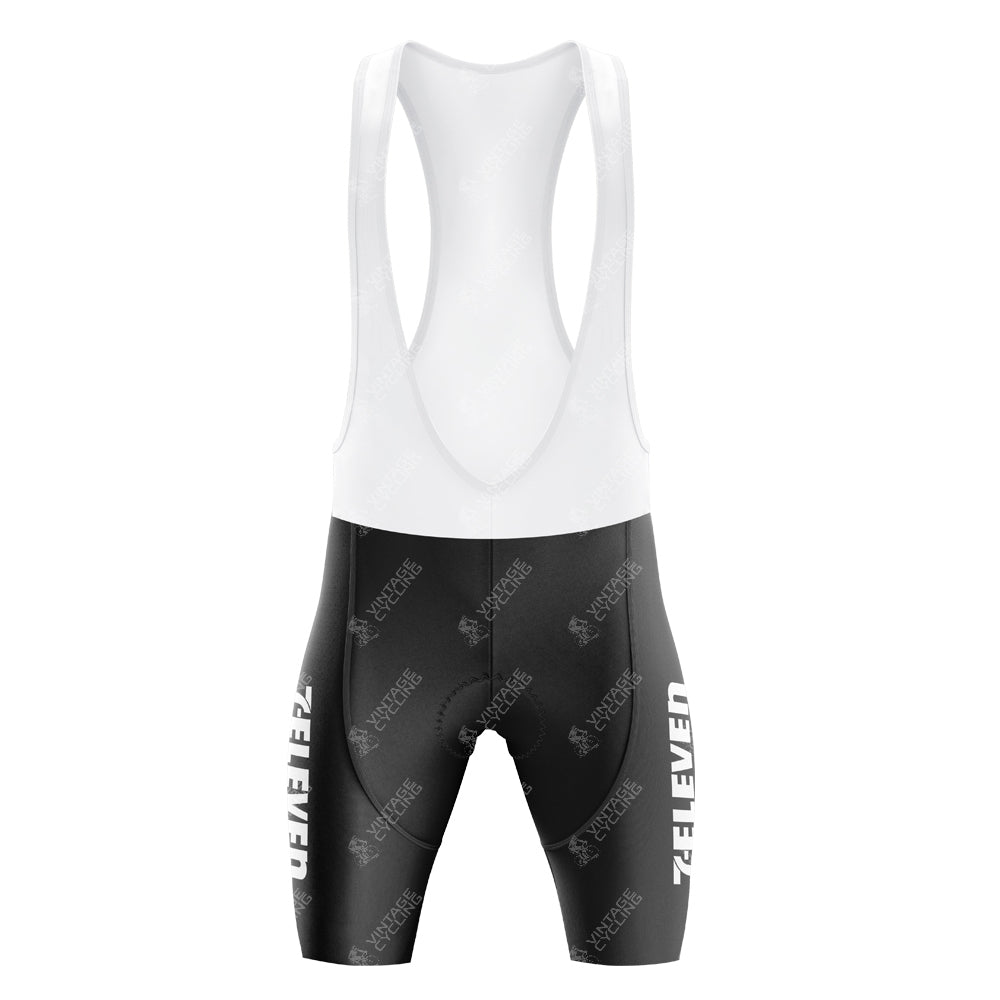 Embark on a vintage cycling journey with our 7-Eleven Retro Cycling Jersey Set, featuring black shorts with white shoulder straps and the iconic 7-Eleven text on the sides for a classic look.
