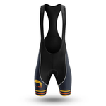 The Old Man WITHA BICYCLE Short Sleeve Cycling Set includes black cycling bib shorts with shoulder straps, orange and yellow stripes, and a sunset graphic near the left thigh—perfect for a retro look.