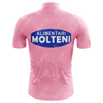 The Molteni Alimentari Retro Cycling Jerseys back view features a pink design with a blue oval and ALIMENTARI MOLTENI text in white. Its crafted from lightweight polyester with short sleeves and three rear pockets, ideal for cycling adventures.