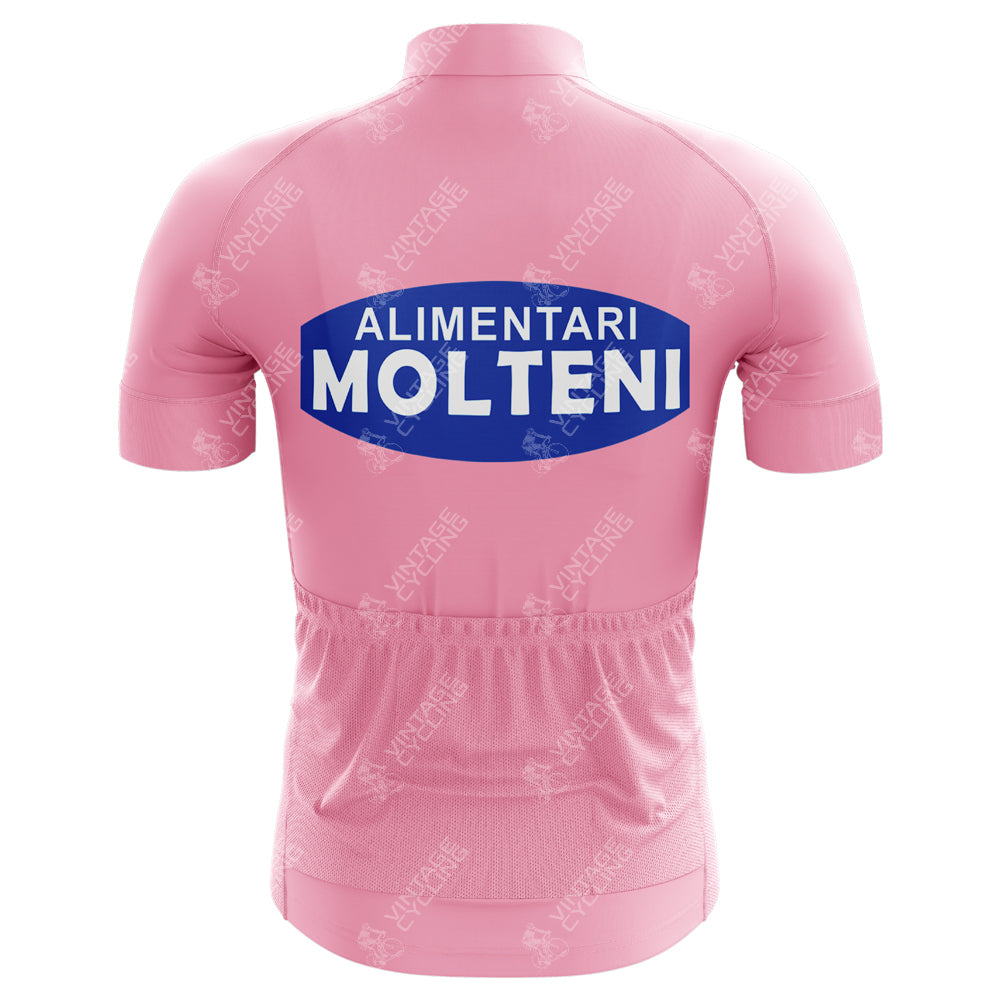 The Molteni Alimentari Retro Cycling Jerseys back view features a pink design with a blue oval and ALIMENTARI MOLTENI text in white. Its crafted from lightweight polyester with short sleeves and three rear pockets, ideal for cycling adventures.