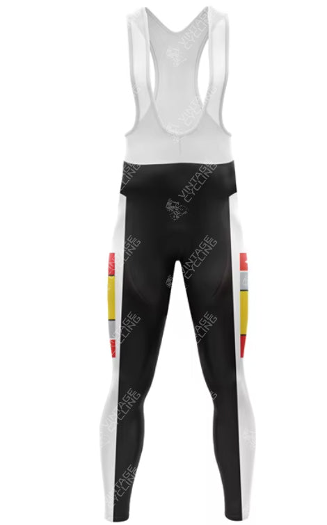 Cycling bib tights featuring white shoulder straps and black legs with vertical red and yellow stripes on the sides, inspired by Piet Mondrians art, subtly branded on the upper white section. This stylish design offers a nod to La Vie Claires retro cycling jerseys.