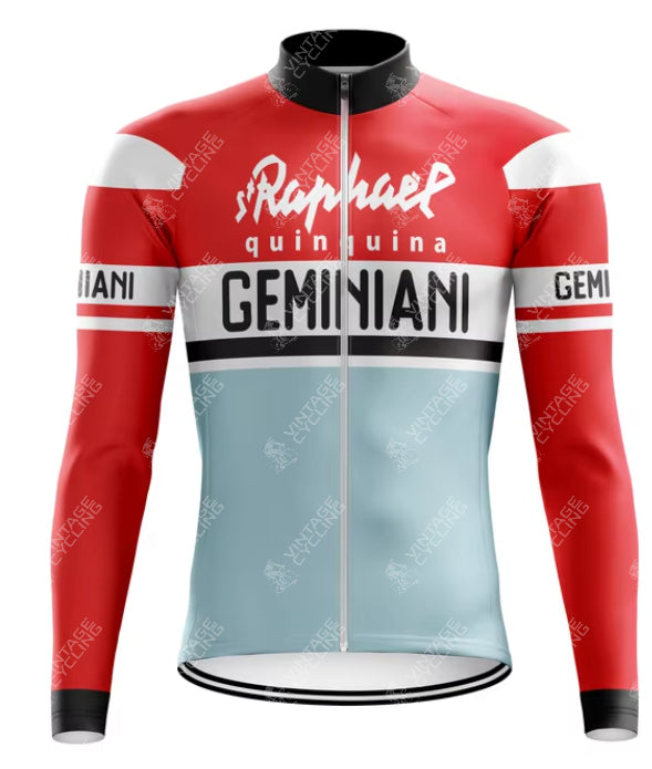 The St Raphael Quinquina Geminiani Retro Cycling Jersey features a red, white, and light blue design with GEMINIANI on the chest and St. Raphael Quinquina above it. Black stripes separate color blocks. Available in long sleeve and fleece options for added warmth.