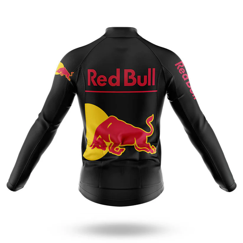 The Retro Beer Riding Club Men Long Sleeve Cycling Jersey in black is shown from the back, featuring a bold red and yellow Red Bull logo, "Red Bull" text across the upper back and left sleeve, and a red bull graphic on the right shoulder.