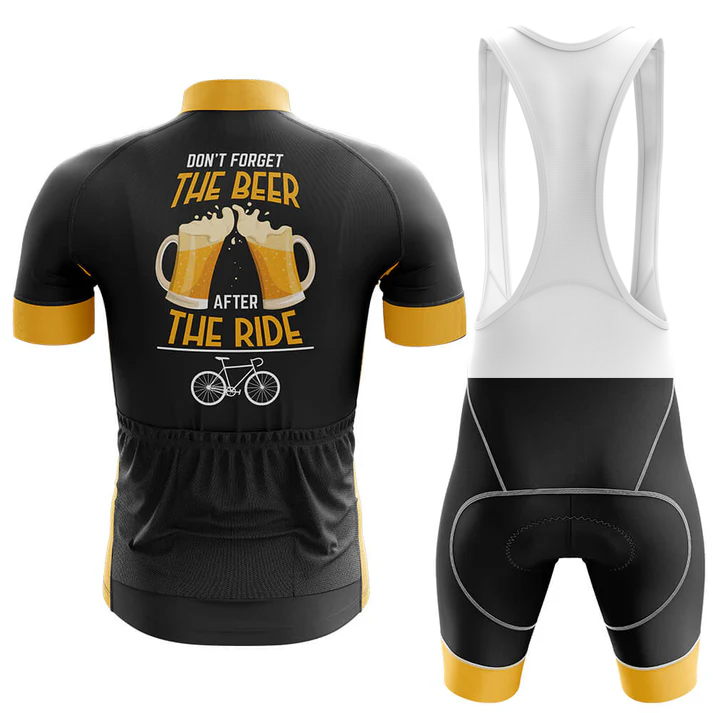 The Turtle Cycling Team Men Short Sleeve Cycling Set features a black and yellow jersey with “Don’t forget the beer after the ride” over two beer mugs and a bicycle, paired with matching bib shorts.