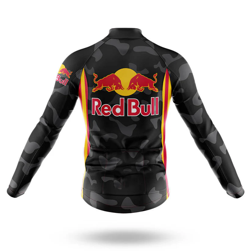 The Iggles Long Sleeve Cycling Jersey in black camouflage is shown from the back, featuring bold red and yellow Red Bull charging bulls, retro-inspired side stripes, and a small Red Bull logo on the left sleeve.