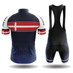 The U.S. Airborne Men Short Sleeve Cycling Set includes a performance jersey and bib shorts in navy blue, with red and white cross details on the jersey’s back, sleeves, and sides, plus black straps on the bib shorts.