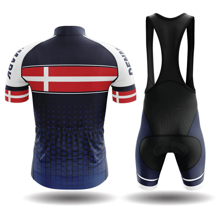 The U.S. Airborne Men Short Sleeve Cycling Set includes a performance jersey and bib shorts in navy blue, with red and white cross details on the jersey’s back, sleeves, and sides, plus black straps on the bib shorts.