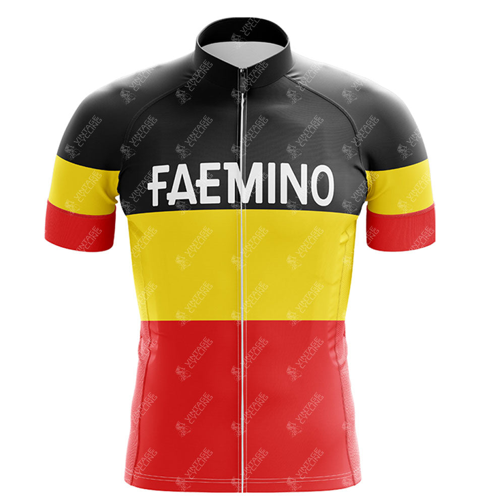 The FAEMINO Retro Short Sleeve Cycling Set features a stylish FAEMINO text with a striking black, yellow, and red color-block design.