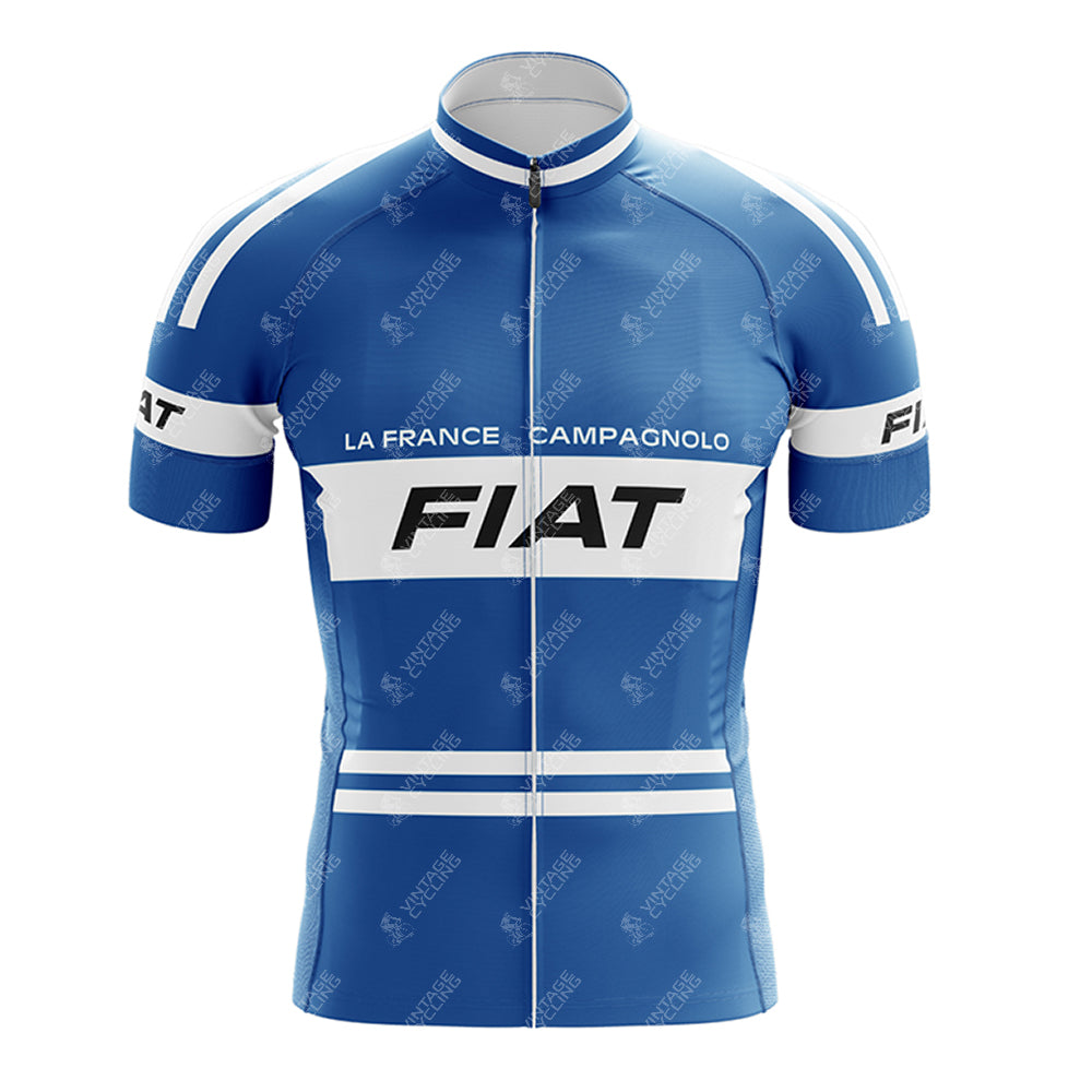A blue Motorola Retro Short Sleeve Cycling Set with white stripes and Motorola and LA FRANCE CAMPAGNOLO logos on the front and sleeves. This stylish cycling jersey features a full-length front zipper.