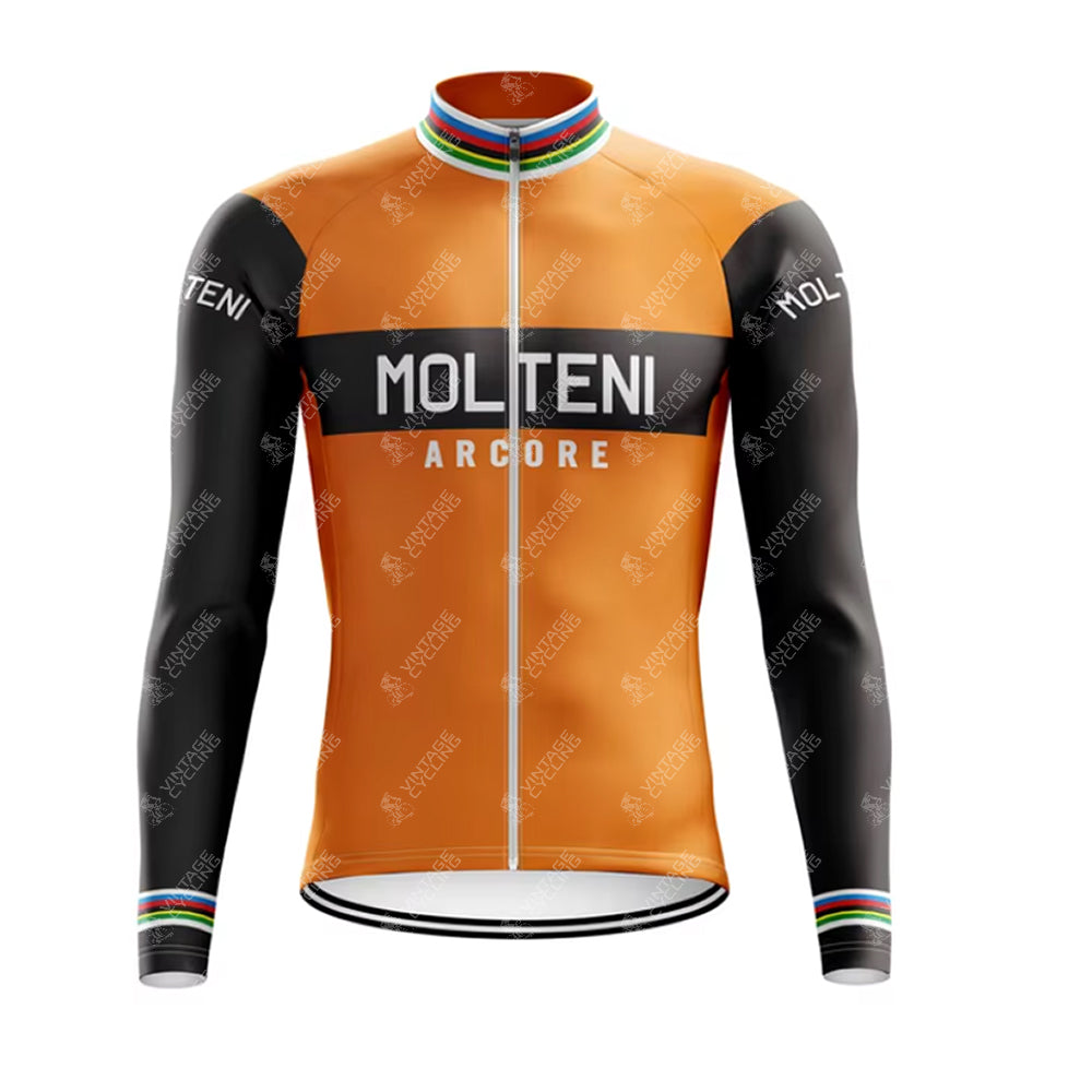 The MOLTENI Retro Long Sleeve Cycling Set boasts an orange and black jersey with Molteni Arcore on the chest, rainbow cuffs, a collar, and a silicone waist strip for a perfect fit.