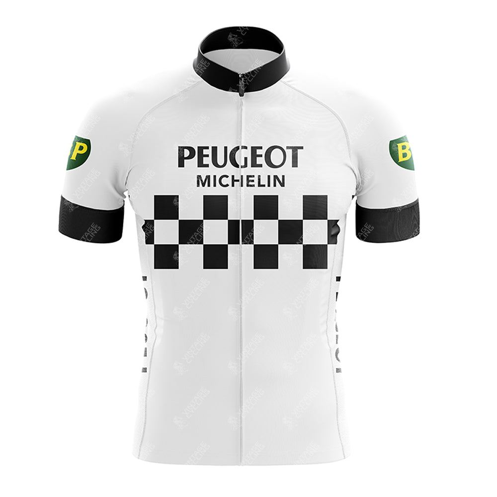 The Peugeot Black White Retro Short Sleeve Cycling Set features a white jersey with a black checkered pattern, Peugeot and Michelin logos on the front, vintage BP logos on the sleeves, and black stripes.