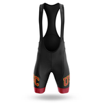 Florida State University Men Short Sleeve Cycling Set: black bib shorts with red leg bands and gold/red "USC" lettering on each leg. Features wide shoulder straps, a fitted athletic cut, and is displayed against a white background.
