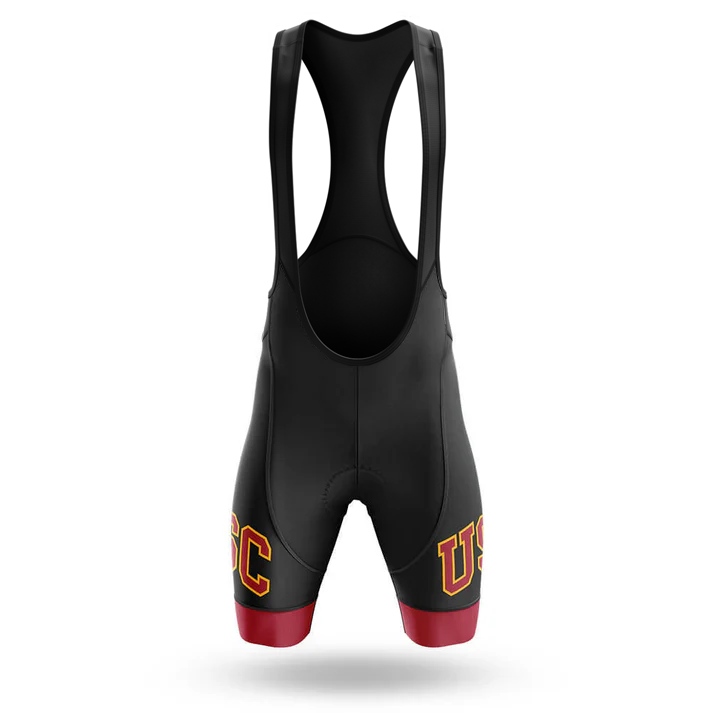 Florida State University Men Short Sleeve Cycling Set: black bib shorts with red leg bands and gold/red "USC" lettering on each leg. Features wide shoulder straps, a fitted athletic cut, and is displayed against a white background.