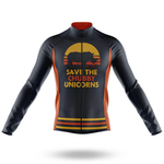 A black and orange Old Man WITHA BICYCLE Long Sleeve Cycling Jersey made from lightweight polyester, featuring a rhinoceros silhouette against an orange sunset and the text SAVE THE CHUBBY UNICORNS on the chest.