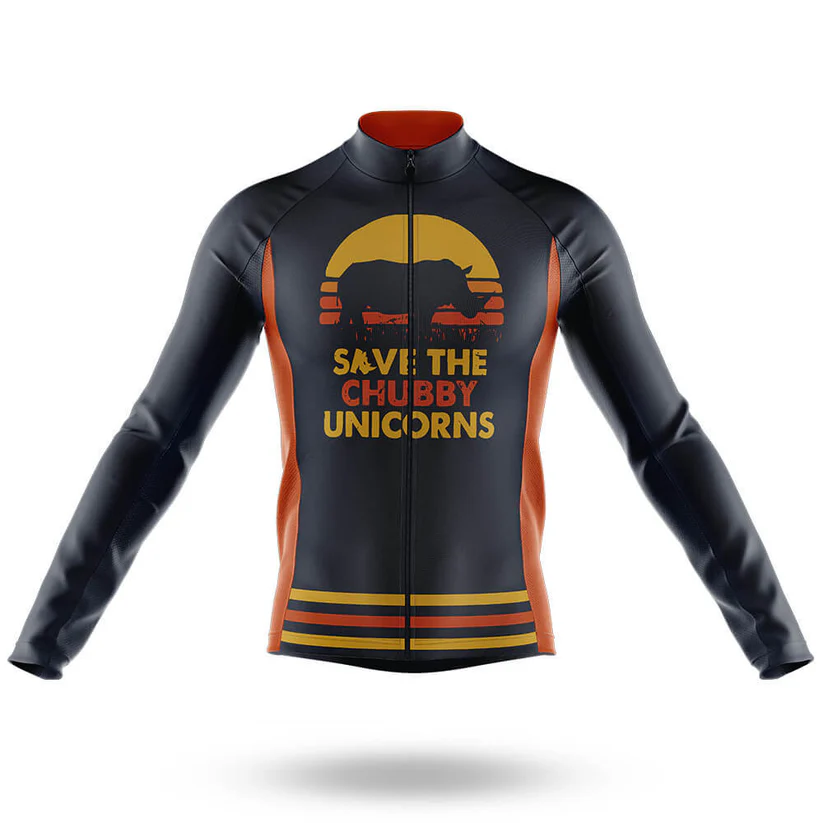 A black and orange Old Man WITHA BICYCLE Long Sleeve Cycling Jersey made from lightweight polyester, featuring a rhinoceros silhouette against an orange sunset and the text SAVE THE CHUBBY UNICORNS on the chest.