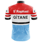 The St Raphael Quinquina Gitane Retro Cycling Jersey showcases St Raphaël and GITANE on lightweight polyester with a red top, black and white striped sleeves, and a light blue lower section.