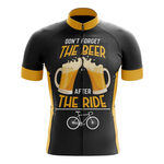 The Turtle Cycling Team Men Short Sleeve Cycling Set features a black and yellow jersey with two clinking beer mugs, the slogan "Don't forget the beer after the ride," and a white bicycle graphic—ideal for cycling enthusiasts.