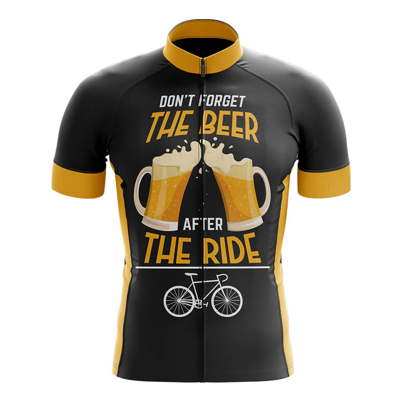 The Turtle Cycling Team Men Short Sleeve Cycling Set features a black and yellow jersey with two clinking beer mugs, the slogan "Don't forget the beer after the ride," and a white bicycle graphic—ideal for cycling enthusiasts.