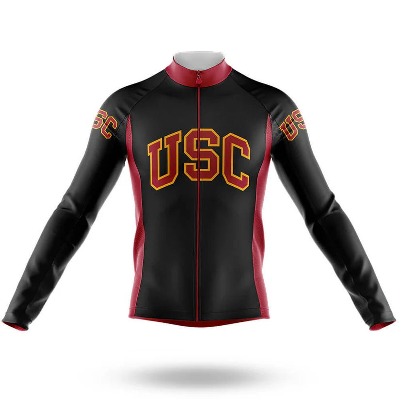 A Florida State University men’s long sleeve cycling jersey, shown on a plain mannequin torso, features school colors and the university name in bold letters on the chest and sleeves.