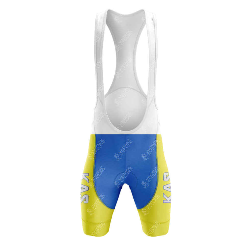 White and blue cycling bib shorts with yellow leg accents and KAS logos on each thigh pair perfectly with our KAS V2 Retro Short Sleeve Cycling Set. Check our sizing guide for a perfect fit.