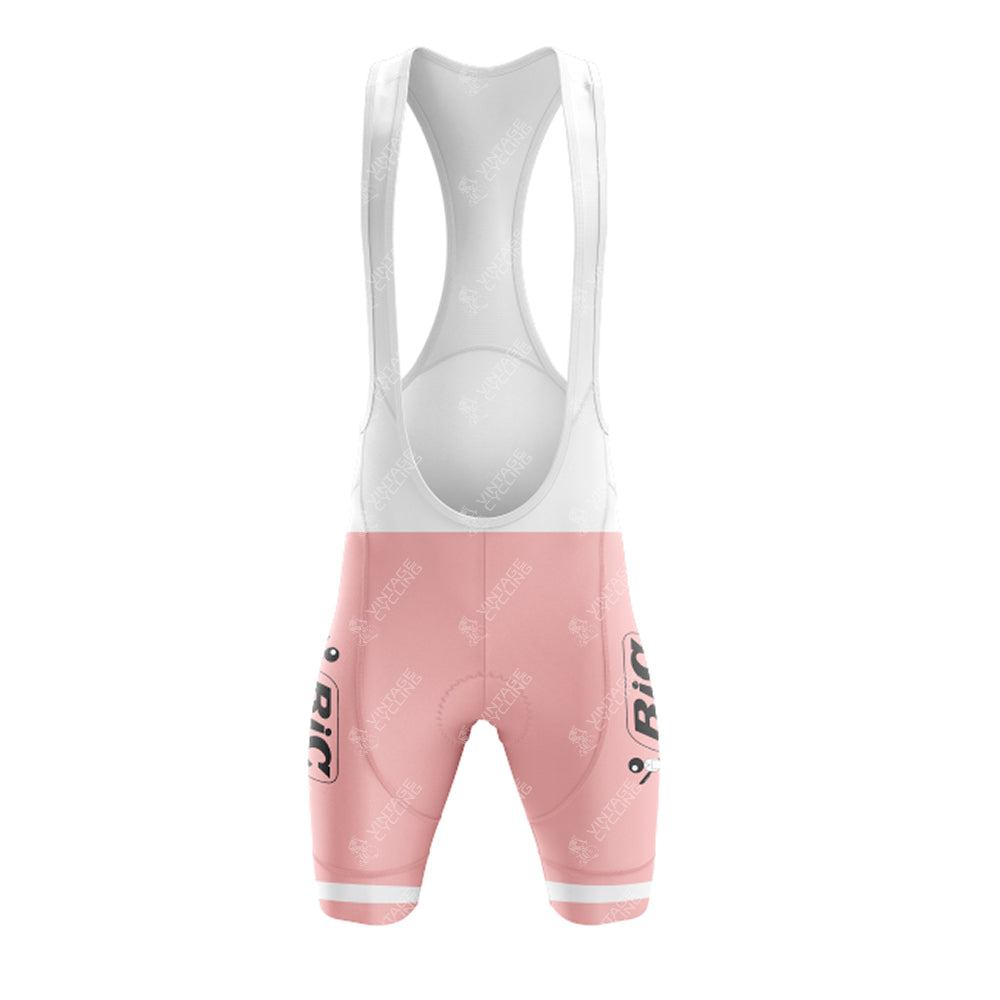 The BIC Pink Retro Short Sleeve Cycling Set features pink and white bib shorts with BIG in bold black, echoing a retro cycling vibe. The white upper has shoulder straps for a secure fit, and the fabrics textured design is reminiscent of vintage cycling gear.