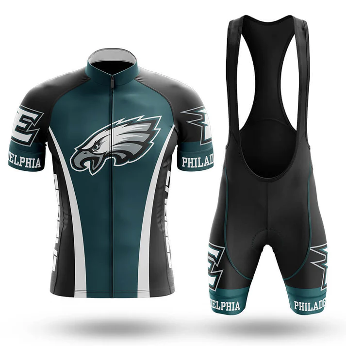 The Red Badgers Short Sleeve Cycling Set features a retro design in black, green, and white with bold PHILADELPHIA text, an eagle graphic, and the Eagles logo. Customizable sizing ensures a perfect fit for every cyclist.
