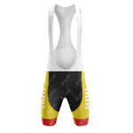 Retro-inspired cycling bib shorts have a white upper and black, yellow, and red legs with FAEMA text in white on the thighs. They perfectly coordinate with our FAEMINO Retro Short Sleeve Cycling Set for a classic look.