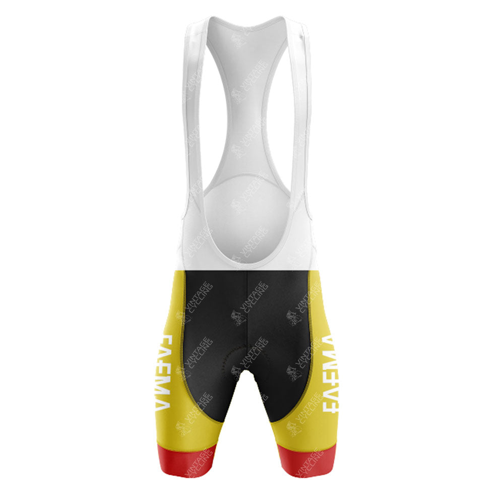 Retro-inspired cycling bib shorts have a white upper and black, yellow, and red legs with FAEMA text in white on the thighs. They perfectly coordinate with our FAEMINO Retro Short Sleeve Cycling Set for a classic look.