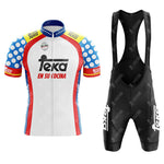 The Mars White Retro Short Sleeve Cycling Set includes a customizable white, blue, red, and yellow cycling jersey with polka dot sleeves and Teka logo, plus black bib shorts featuring Teka branding.