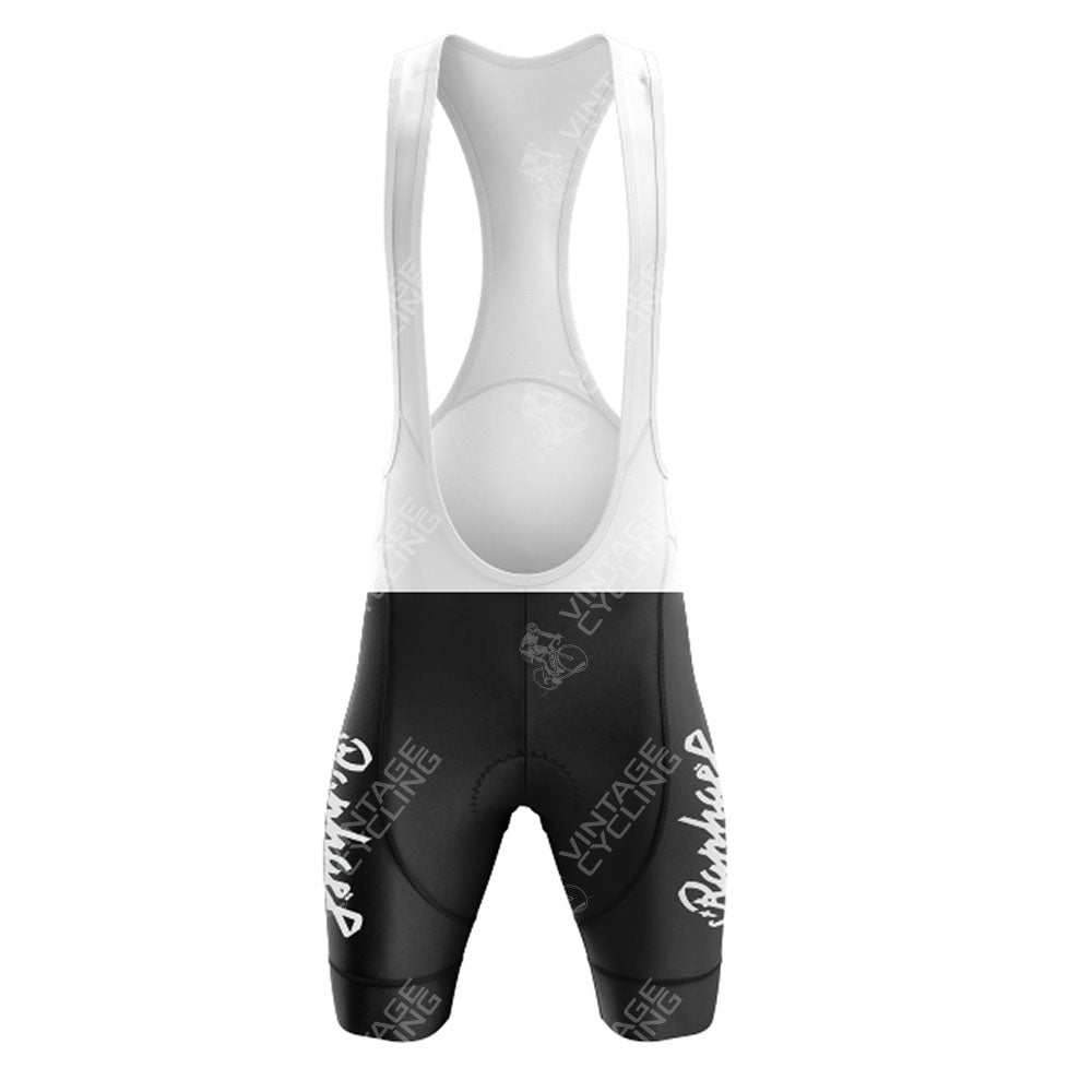 Front view of the Mercatone Uno Retro Short Sleeve Cycling Set’s black and white bib shorts, featuring LVINTAGE CYCLING and RudyRacer logos in white on the shorts and straps.