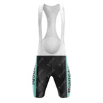 The Bianchi Grey Green Retro short sleeve cycling set includes bib shorts in black and turquoise with Bianchi on the leg, featuring a white mesh upper section and secure shoulder straps for comfort.