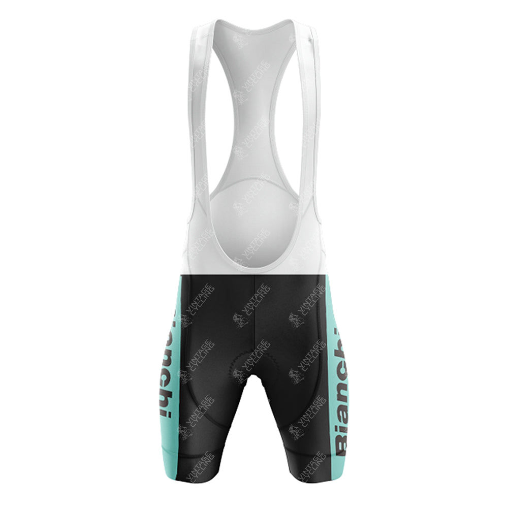 The Bianchi Grey Green Retro short sleeve cycling set includes bib shorts in black and turquoise with Bianchi on the leg, featuring a white mesh upper section and secure shoulder straps for comfort.