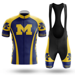 The I Ride Like An Old Man Short Sleeve Cycling Set features a blue and yellow retro jersey with a bold yellow "M," plus matching bib shorts. Both customizable pieces display the team logo for a classic University of Michigan cycling look.