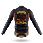 A black and orange Old Man WITHA BICYCLE Long Sleeve Cycling Jersey seen from the back, featuring a rhinoceros silhouette at sunset and "SAVE THE CHUBBY UNICORNS" text, crafted from lightweight polyester for comfort.