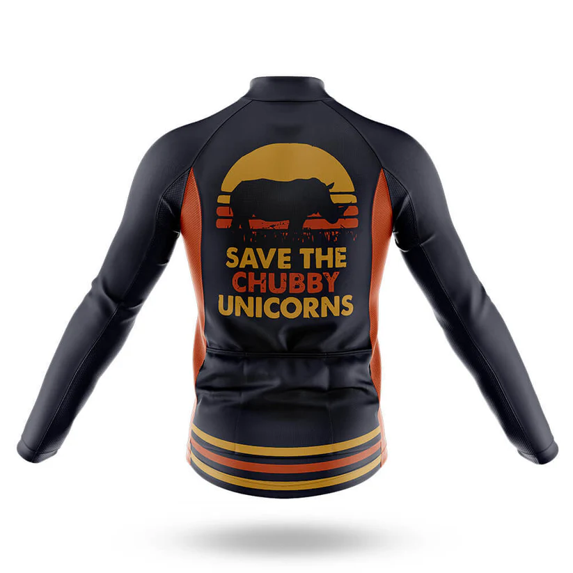 A black and orange Old Man WITHA BICYCLE Long Sleeve Cycling Jersey seen from the back, featuring a rhinoceros silhouette at sunset and "SAVE THE CHUBBY UNICORNS" text, crafted from lightweight polyester for comfort.