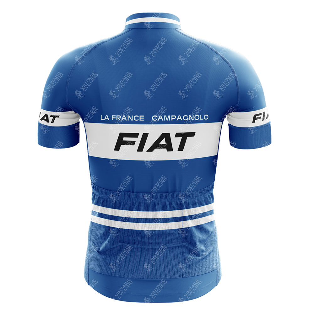 A blue and white Motorola Retro Short Sleeve Cycling Set seen from the back, featuring "Motorola" branding on the upper back and sleeves, with horizontal white stripes across the chest and arms—classic cycling gear style.