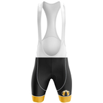 The Turtle Cycling Team Men Short Sleeve Cycling Set features black and white bib shorts with yellow leg bands, a beer mug graphic, and mesh-like white straps—perfect for completing your cycling look.
