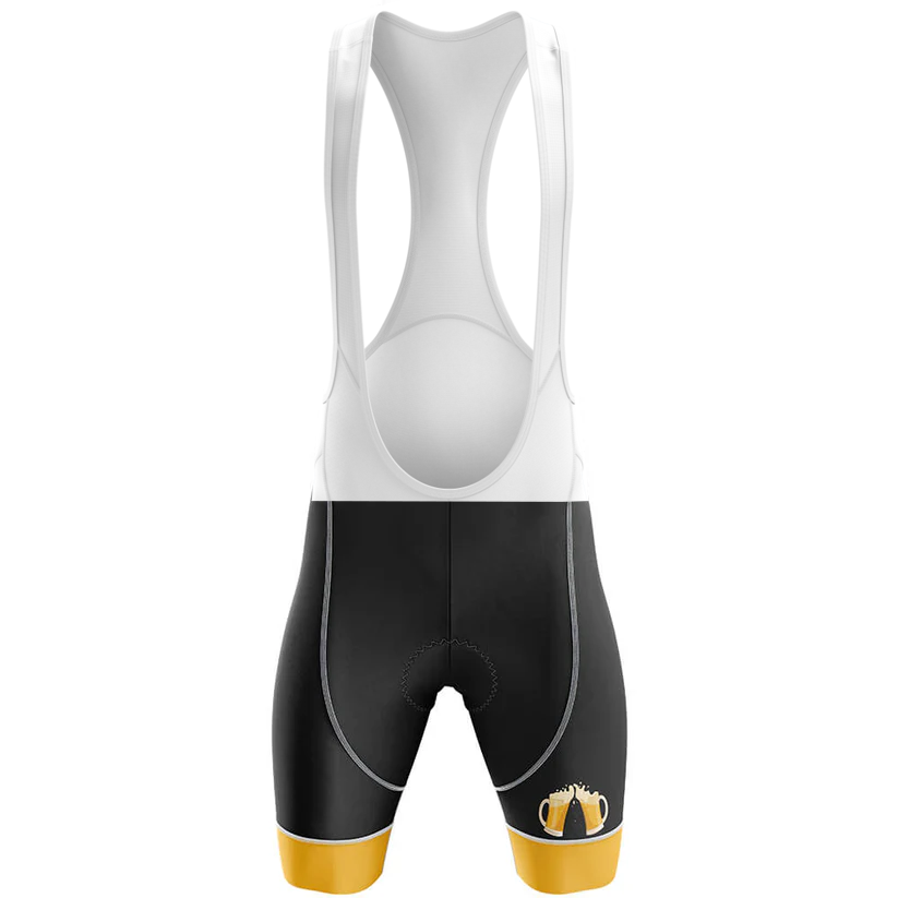 The Turtle Cycling Team Men Short Sleeve Cycling Set features black and white bib shorts with yellow leg bands, a beer mug graphic, and mesh-like white straps—perfect for completing your cycling look.