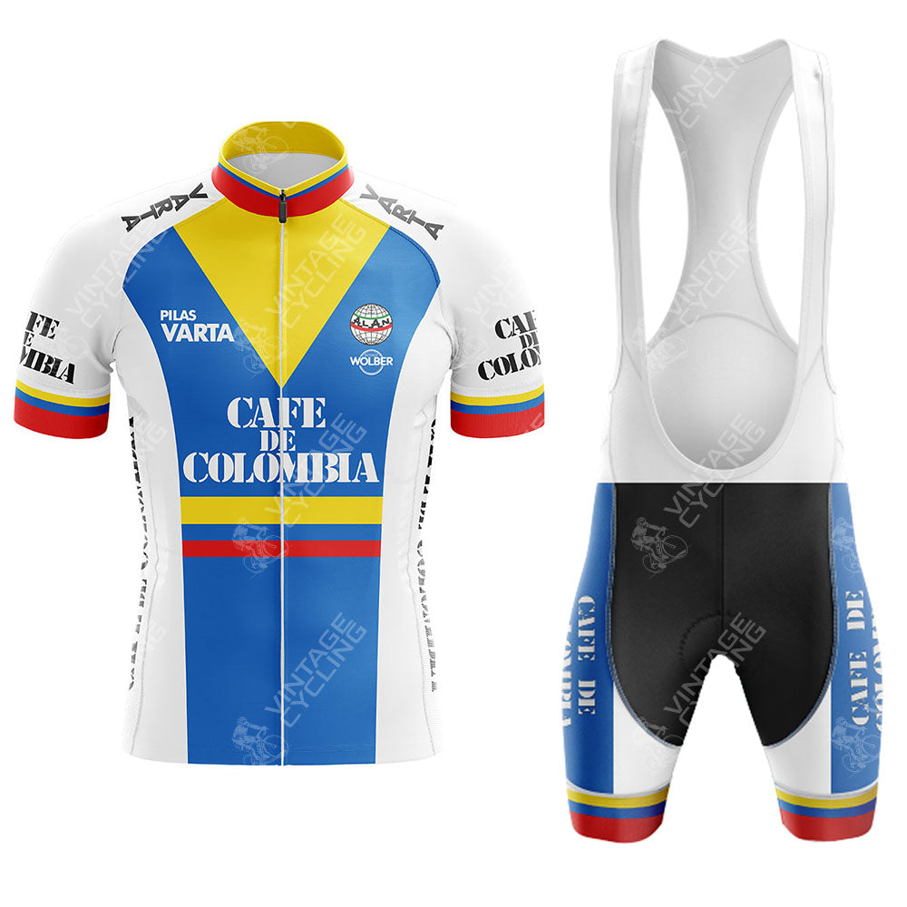Experience the Belgium Short Sleeve Cycling Set, showcasing a vibrant blue, white, yellow, and red design. The jersey features Cafe de Colombia across the chest and sleeves. Paired with matching bib shorts, this kit celebrates classic cycling style with bold color accents.