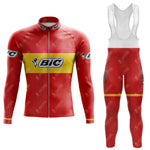 The BIC Red Retro Long Sleeve Cycling Set offers a red and yellow ensemble featuring a long-sleeve jersey and bib tights with optional fleece lining. The BIC logos are prominently displayed on both the jersey and tights.