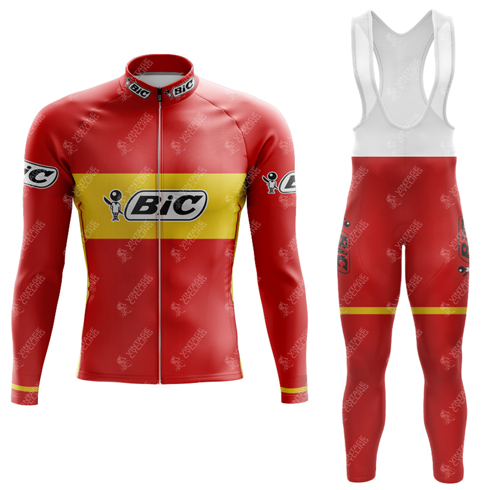 The BIC Red Retro Long Sleeve Cycling Set offers a red and yellow ensemble featuring a long-sleeve jersey and bib tights with optional fleece lining. The BIC logos are prominently displayed on both the jersey and tights.