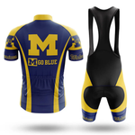 The I Ride Like An Old Man Short Sleeve Cycling Set features a blue and yellow retro design with "GO BLUE" and a large yellow M on the back, plus Wolverines and Michigan on the sleeves and shorts, shown from the back.
