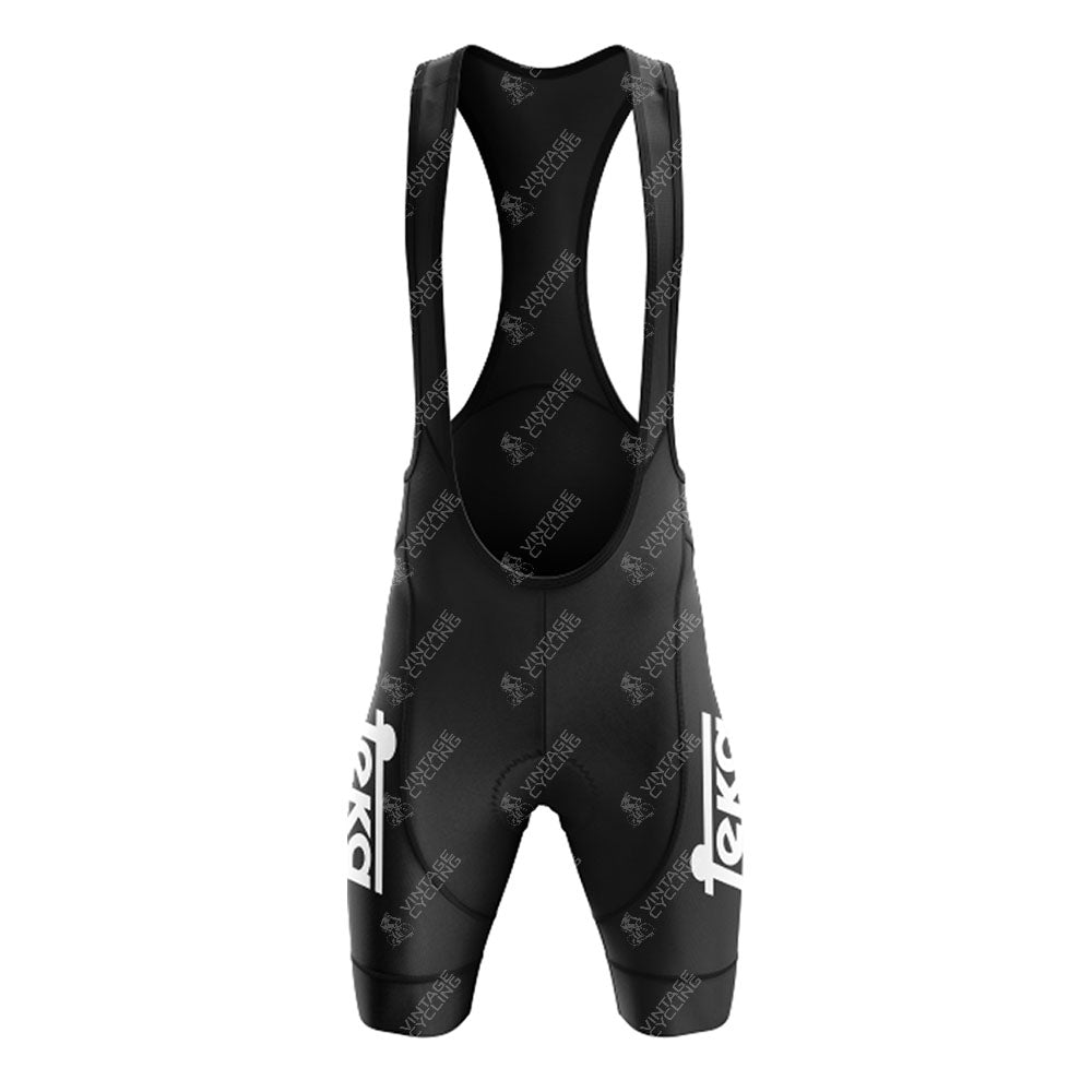 Black cycling bib shorts with white fexsa logos on both legs, shown from the back. The fitted design with shoulder straps pairs perfectly with the Mars White Retro Short Sleeve Cycling Set for a complete ride-ready look.