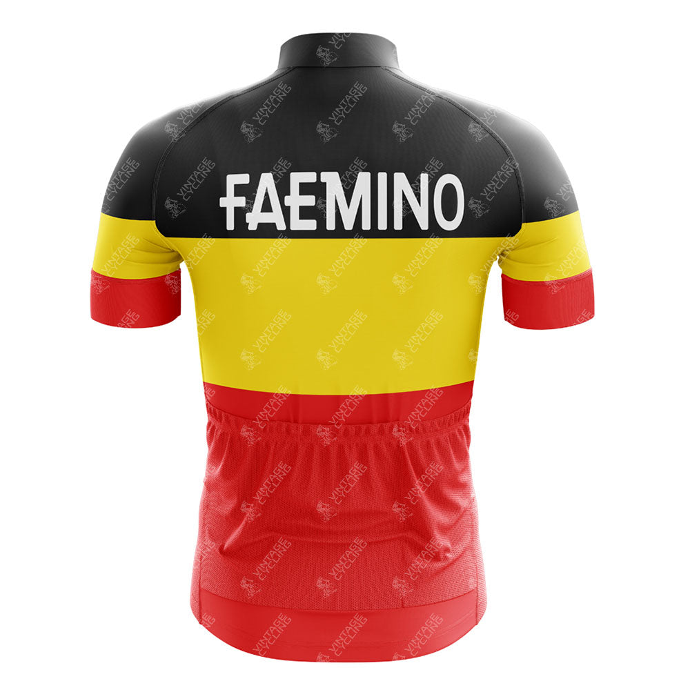 The FAEMINO Retro Short Sleeve Cycling Set features bold horizontal black, yellow, and red stripes with FAEMINO text on the back, reminiscent of classic FAEMA designs.