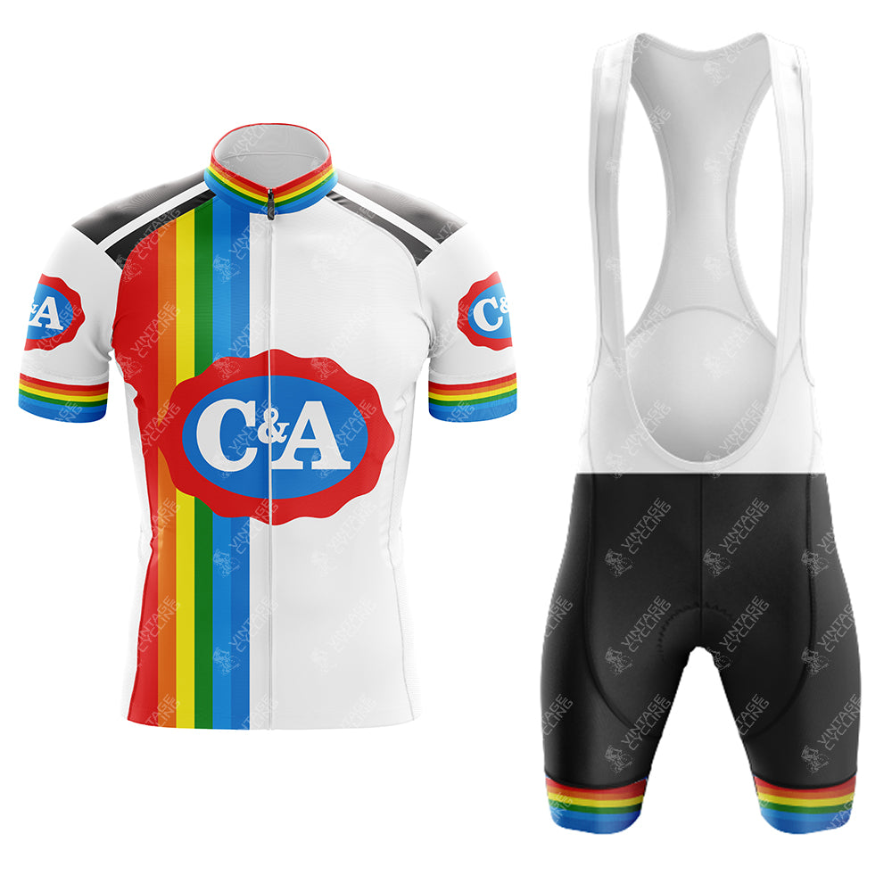 The C&A Retro Short Sleeve Cycling Set features a rainbow stripe design with a white jersey displaying the C&A logo in a red oval and black shorts with colorful accents. Refer to the size guide for various jersey and shorts sizing options to find your perfect fit.