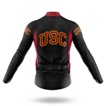 A Men’s Long Sleeve Cycling Jersey in black and red, featuring “Florida State University” in gold letters on the back and sleeves—shown from the back against a white background. Ideal for cool-weather cycling.